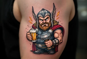 Fat Thor from Endgame holding a beer and Stormbreaker, with sparks of lightning around him in a humorous yet detailed tattoo design. tattoo idea