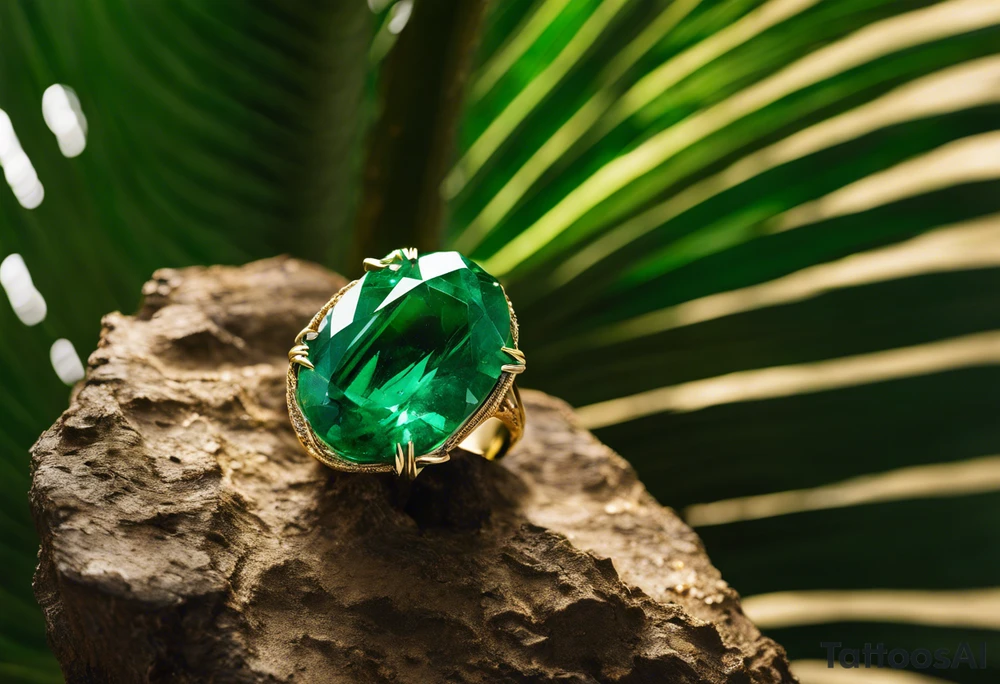 A Gachala emerald sits at the base of a tall quindio wax palm, which grows resiliently from cracks in rugged, rocky soil. The emerald is the main focal point, symbolizing strength and endurance, while the wax palm, rooted in the soil’s crevices, represents growth and resilience. A small water stream flows gently from the rocks, adding an element of life and nourishment. tattoo idea