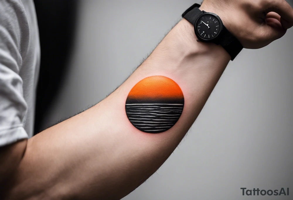 This is an extremely simple and minimalistic tattoo placed on male forearm. It is black and white with tiny splashes of orange from the sun. The tattoo is 4 inches wide by 2 inches tall. From the perspective of being on the ocean, the water is calm, with no waves in sight, the sun is setting behind the ocean, reflecting light onto the water. The water has shading. tattoo idea