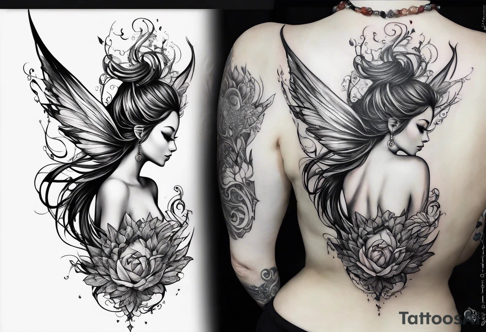 A fairy with a tail inspired by the logo of the show called Fairy Tail in a fetal position leaning in tattoo idea