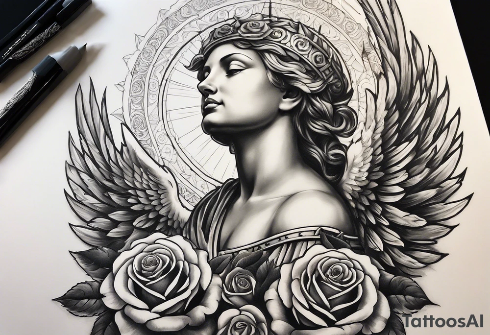 Praying Angel, with a Roman warrior looking up behind it, sun beams and rose at the bottom tattoo idea