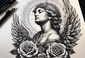 Praying Angel, with a Roman warrior looking up behind it, sun beams and rose at the bottom tattoo idea