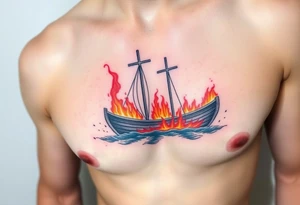 Boat on fire with cross as mast. Water colour tattoo idea