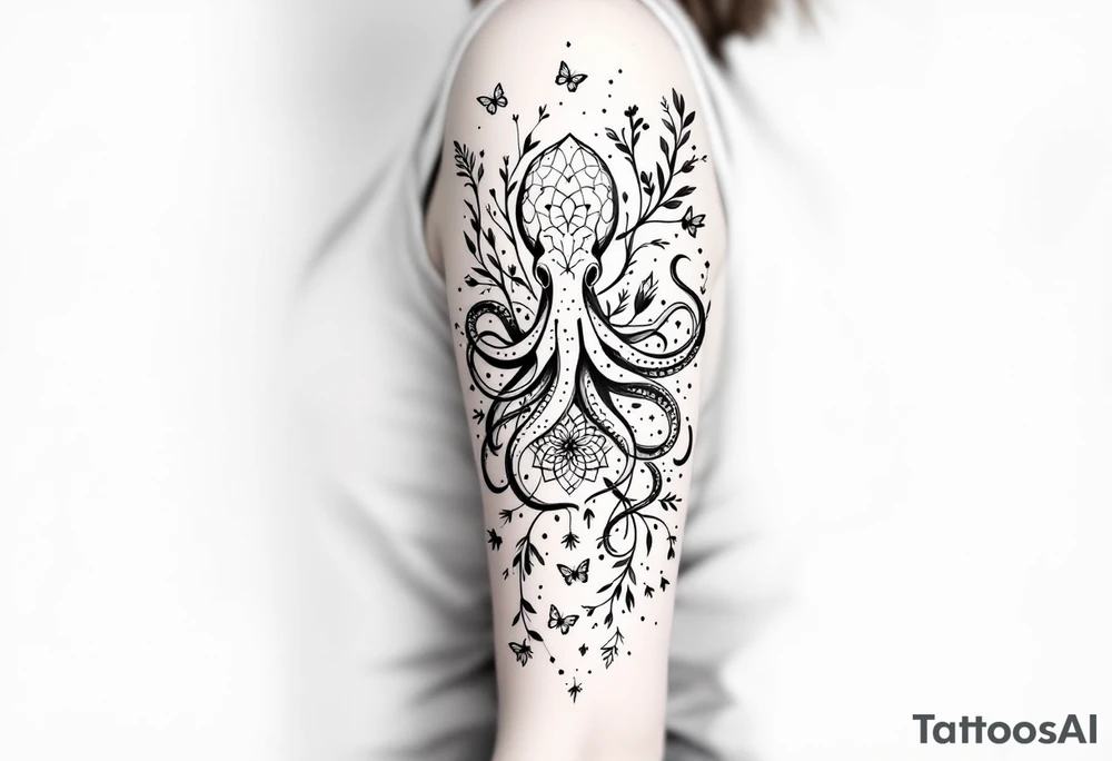 Elegant feminine full sleeve tattoo design on a woman’s arm, flowing abstract black ink lines intertwined with minimalist botanical elements — fine leaves, buds, and wildflowers. Central ornamental mandala-like symbols and geometric dotwork details. A gracefully stylized octopus with fluid tentacles wrapping subtly around the design, integrated with delicate butterflies fluttering around the composition. The butterflies are light, airy, and minimal, matching the fine-line style. Tattoo art style: modern minimalist, fine line, ornamental and botanical tattoo with surreal natural touches. Black ink only, soft feminine aesthetic tattoo idea
