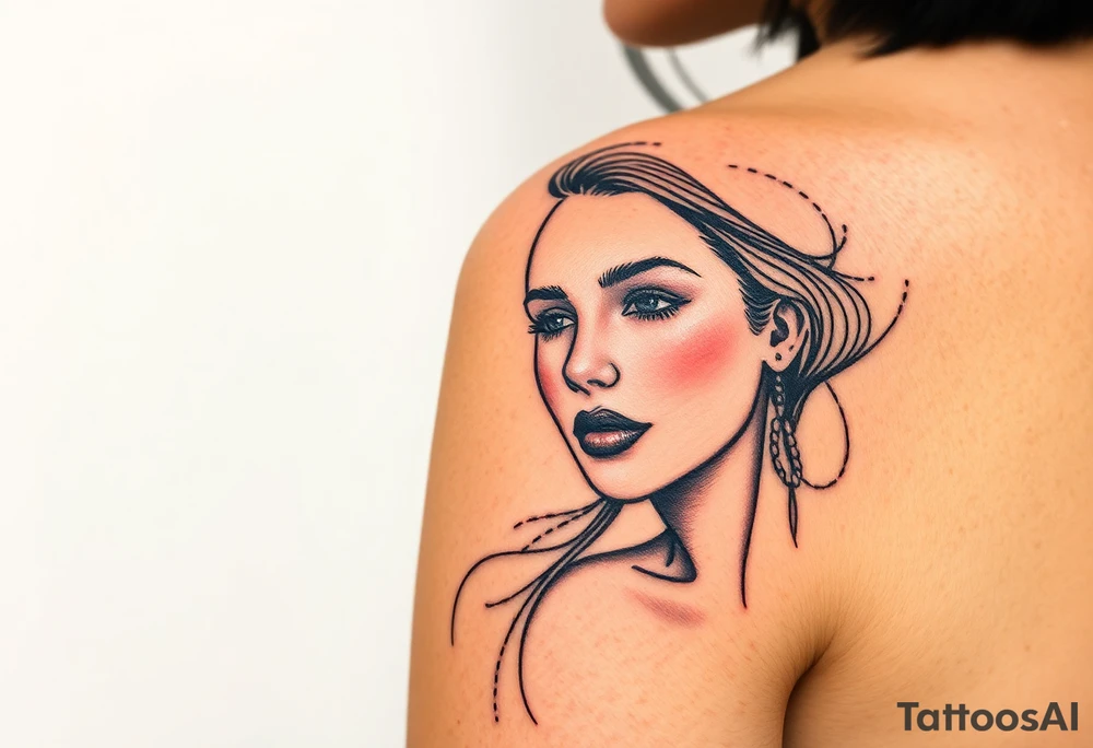 Desenhe uma tatuagem que simbolize uma mulher feminista de 41 anos, mãe de dois filhos homens, independente e filósofa inspirada nas teorias de Deleuze. A tatuagem deve expressar força, liberdade e conexão com a multiplicidade da vida, incorporando elementos abstratos e fluidos, com linhas que sugiram movimento e transformação contínua. Evite clichês e busque um design original e significativo. tattoo idea