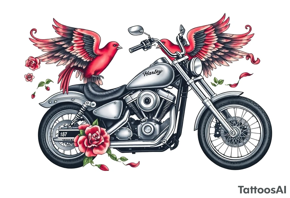 Harley grey motorcycle driving away, two red birds flying, roses, flames,angel wings tattoo idea