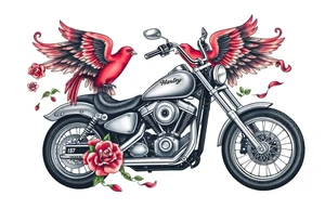 Harley grey motorcycle driving away, two red birds flying, roses, flames,angel wings tattoo idea