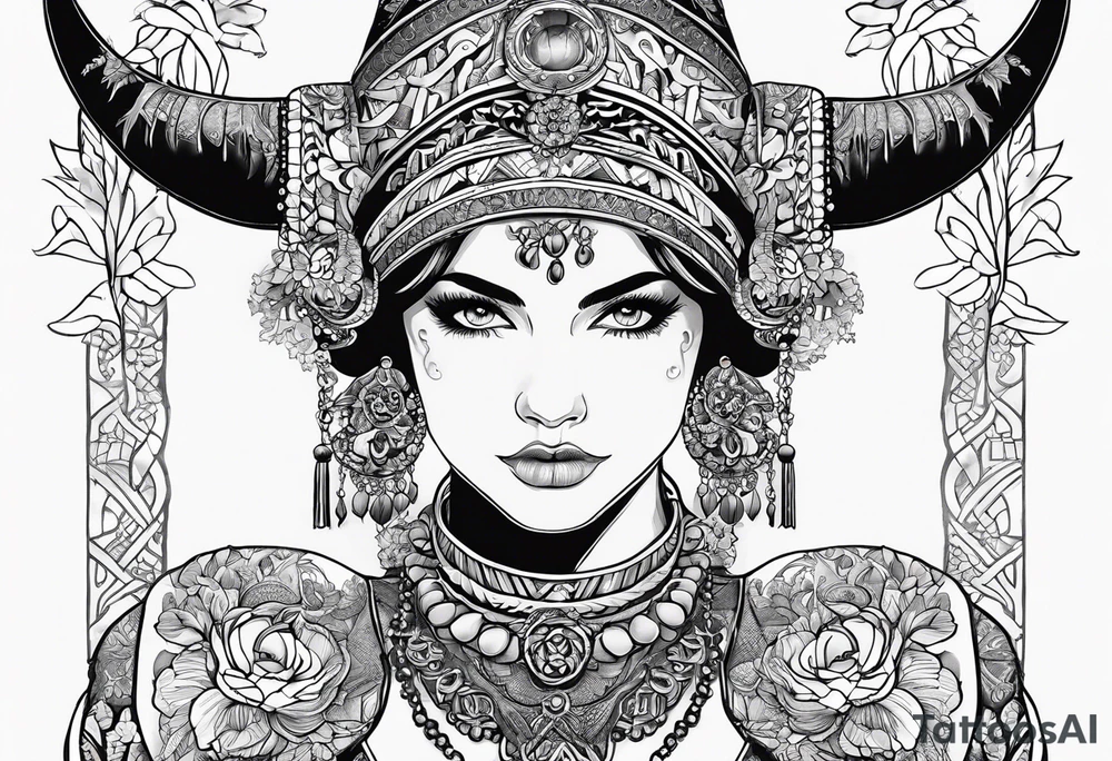 A tattoo design of a girl in the Norwegian national dress. Linework only, full body tattoo idea