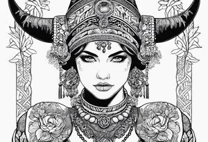 A tattoo design of a girl in the Norwegian national dress. Linework only, full body tattoo idea