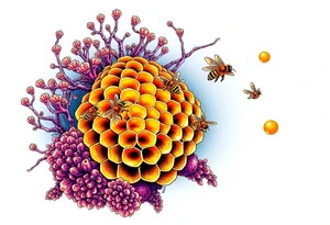 Coral reef scene with honey bees swimming on honey comb tattoo idea