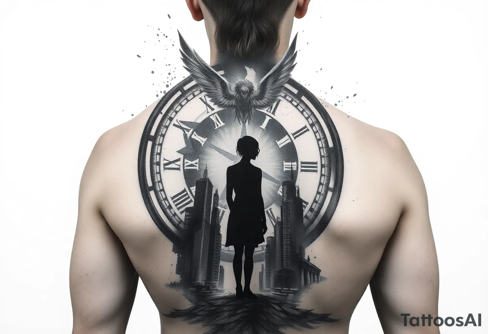 dark futuristic back tattoo, lonely man standing in a neon city, giant broken clock behind him, holographic money dissolving into particles, ghost silhouette of a woman disappearing, emotional storytelling tattoo, cyberpunk style, ultra detailed full back piece tattoo idea