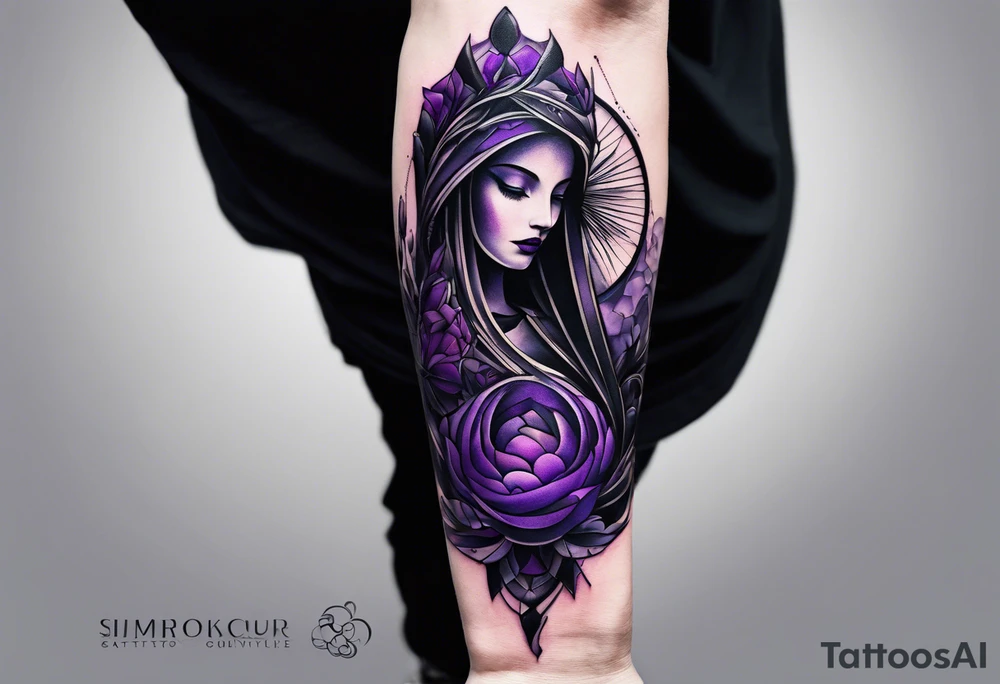 lines around wrist, abstract, black and purple, covered from wrist to forearm, fully covered, no borders, blackwork, no faces tattoo idea