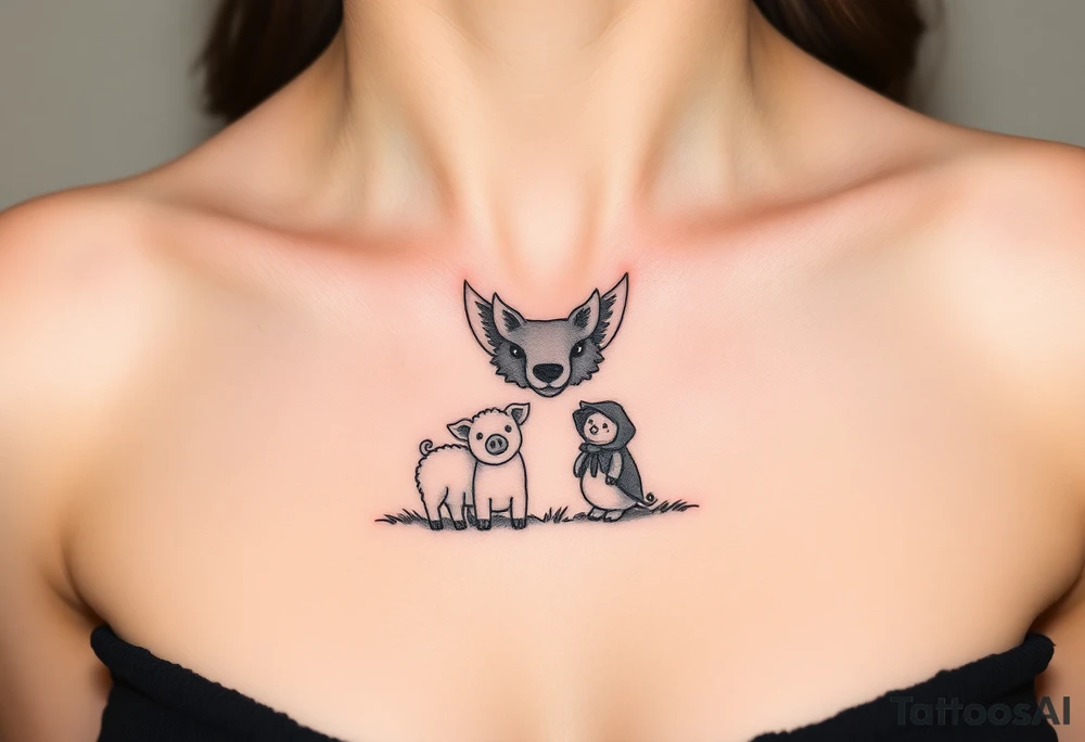 Big bad wolf nursery rhyme wearing a sheep costume with sheep head as hood and eat the three little pigs and little red riding hood in the woods tattoo idea