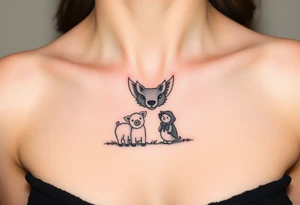 Big bad wolf nursery rhyme wearing a sheep costume with sheep head as hood and eat the three little pigs and little red riding hood in the woods tattoo idea
