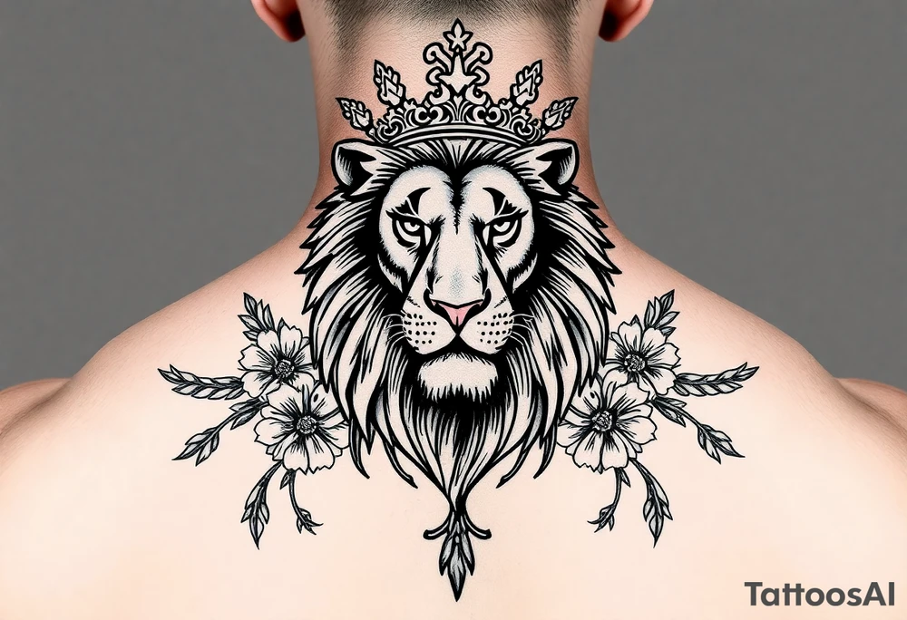 powerful majestic lion with a crown, surrounded by floral ornaments and birds tattoo idea