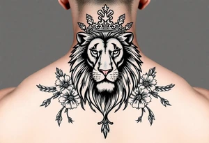 powerful majestic lion with a crown, surrounded by floral ornaments and birds tattoo idea
