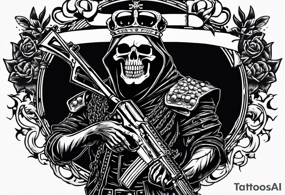 image of a skeleton standing frontally with a crown on his head, holding an AK-47 on his shoulder with his right hand. The chain on the left should be taut, there are three angry barking Dobermans in it, near the waist tattoo idea
