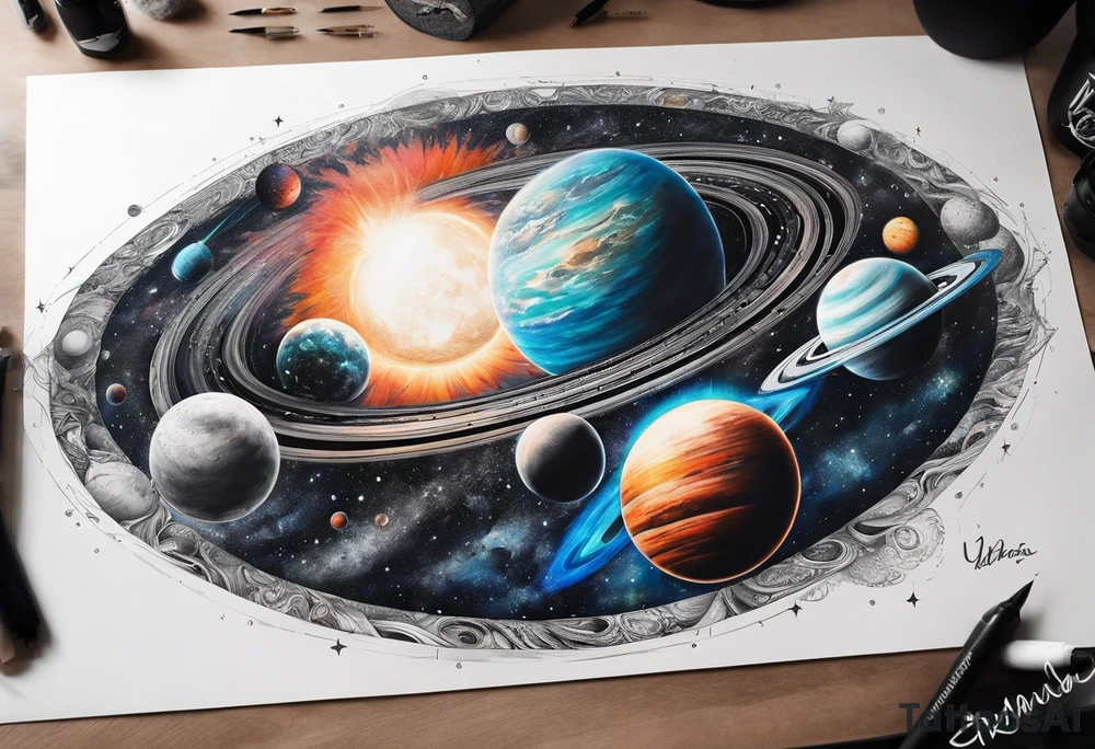 Sleeve tattoo of planets orbiting a supermassive black hole. tattoo idea