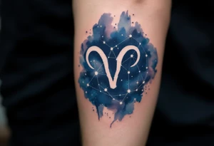 A night-sky Aries tattoo combines navy and indigo watercolor with the Aries star constellation drawn in white ink. tattoo idea