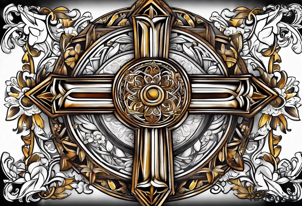 christian cross and in it there is familia word tattoo idea