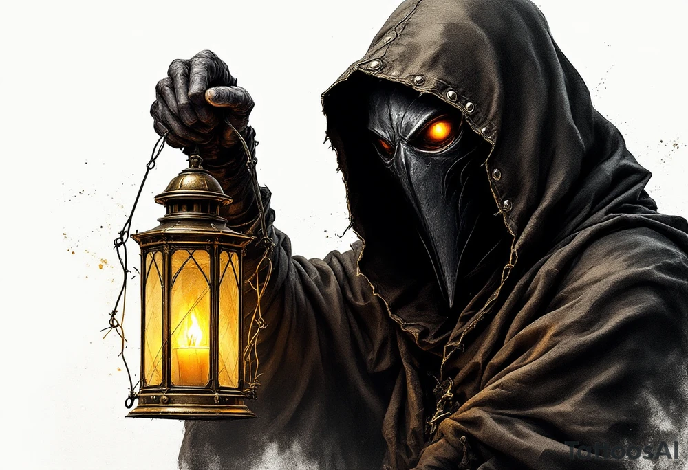 Medieval Plague Doctor with Lantern – A shadowy plague doctor in a worn-out dark brown cloak, holding an old brass lantern with a flickering warm yellow candlelight inside. The beaked mask is deep black with silver rivets. tattoo idea