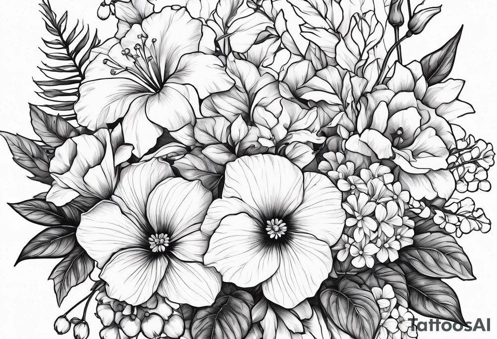 Floral Bouquet with blue hydrangea,Gladiolus, Poppy,Daisy,Sweet Pea,Narcissus, Poinsettia, and Holly tattoo idea