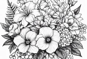 Floral Bouquet with blue hydrangea,Gladiolus, Poppy,Daisy,Sweet Pea,Narcissus, Poinsettia, and Holly tattoo idea