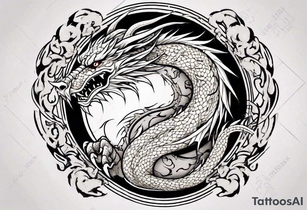 Chinese dragon in a circular shape with "02.03" written on its skin tattoo idea