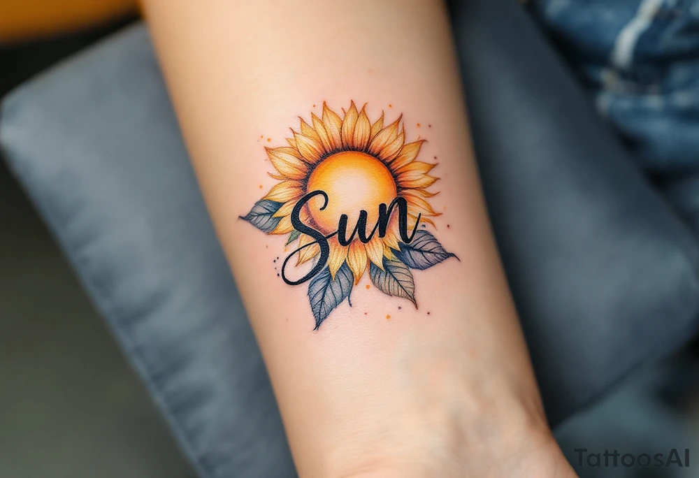 Word "Sun" written with sunflower tattoo idea