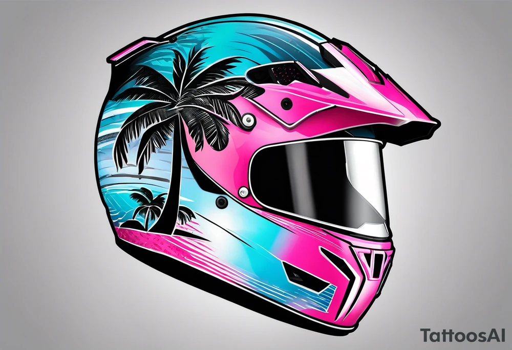 Formula 1 helment with the Miami name a palm tree and light blue black and pink colors 3/4 view tattoo idea