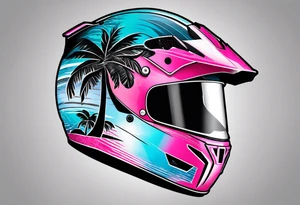 Formula 1 helment with the Miami name a palm tree and light blue black and pink colors 3/4 view tattoo idea