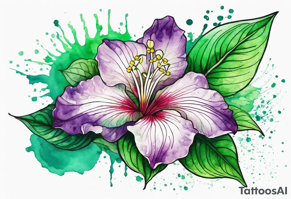 An outline of a green rio dipladenia flower and a green/purple watercolor splash in the background tattoo idea