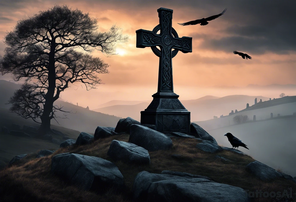 A stone Celtic cross solemnly standing atop a hill, a raven perches atop the cross staring out over the desolation. A ruined stone wall lies crumbling near the cross. Mist rolls along the hilltops adding to the melancholic nature of the scene tattoo idea