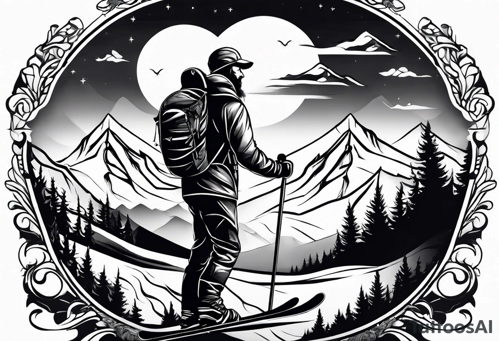 Ski god with clouds and mountains simple tattoo idea