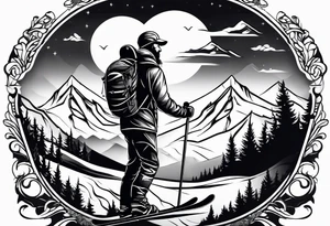 Ski god with clouds and mountains simple tattoo idea