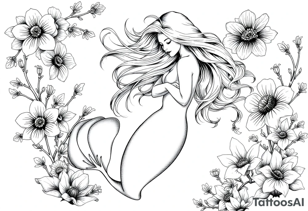ethereal mermaid with flowing hair among coral and sea flowers tattoo idea
