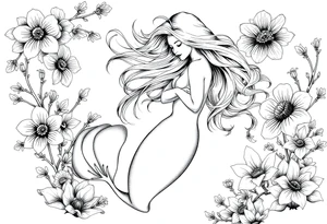 ethereal mermaid with flowing hair among coral and sea flowers tattoo idea