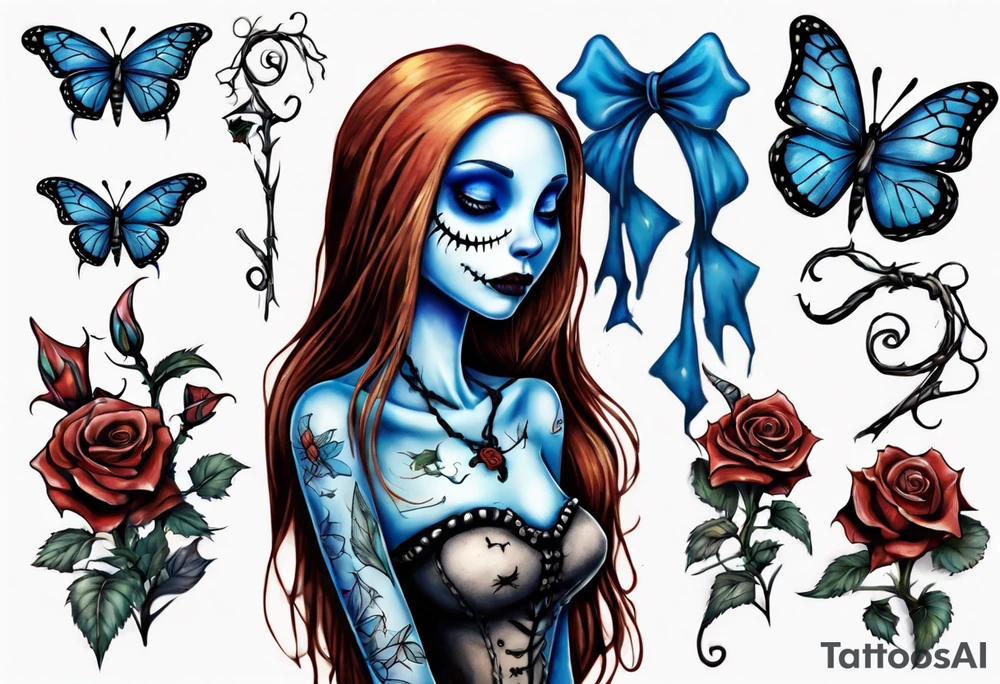 Nightmare before Christmas Sally. With a blue butterfly holding a flower tattoo idea