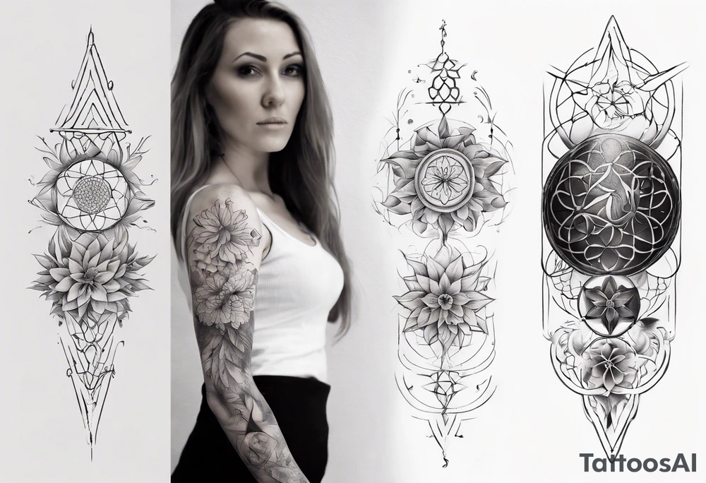 Sleeve tattoo on a woman's arm. Phoenix and Flower of life and Metatron's cube tattoo idea