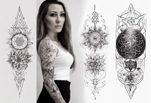 Sleeve tattoo on a woman's arm. Phoenix and Flower of life and Metatron's cube tattoo idea