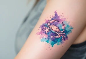 Violet and turquoise watercolor splash behind the Cancer stars, with the crab subtly hidden in the background. tattoo idea