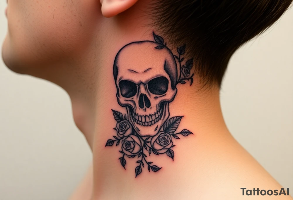 gothic skull intertwined with climbing roses and thorny vines tattoo idea