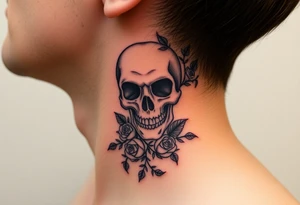 gothic skull intertwined with climbing roses and thorny vines tattoo idea