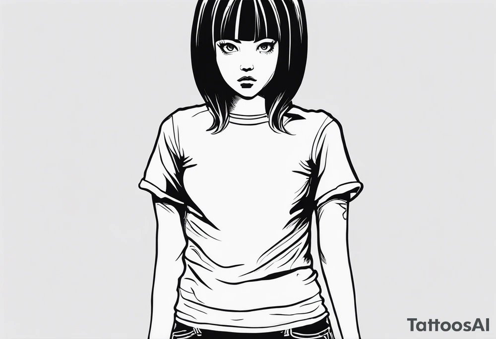 portrait of tomie standing up a character by the horror manga author junji ito full body standing murderously. add more horror and gore elements tattoo idea