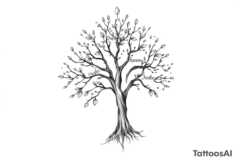 family tree tattoo with names sophie, chloe, shannon, hannah, hunter, jacob and declyn tattoo idea