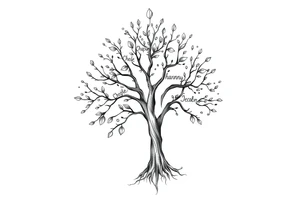 family tree tattoo with names sophie, chloe, shannon, hannah, hunter, jacob and declyn tattoo idea