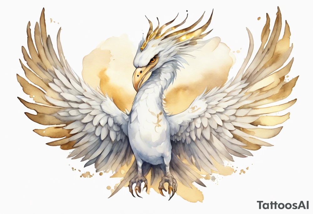a watercolor of a white bird-serpent hybrid wearing a plain crown, with light gold wing feathers, flying in the sky tattoo idea