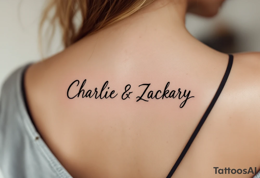 Create a delicate tattoo design that seamlessly integrates the names "Charlie" and "Zackary" in graceful, flowing cursive. Enclose the names within a softly stylized symbol that embodies strength and unity tattoo idea