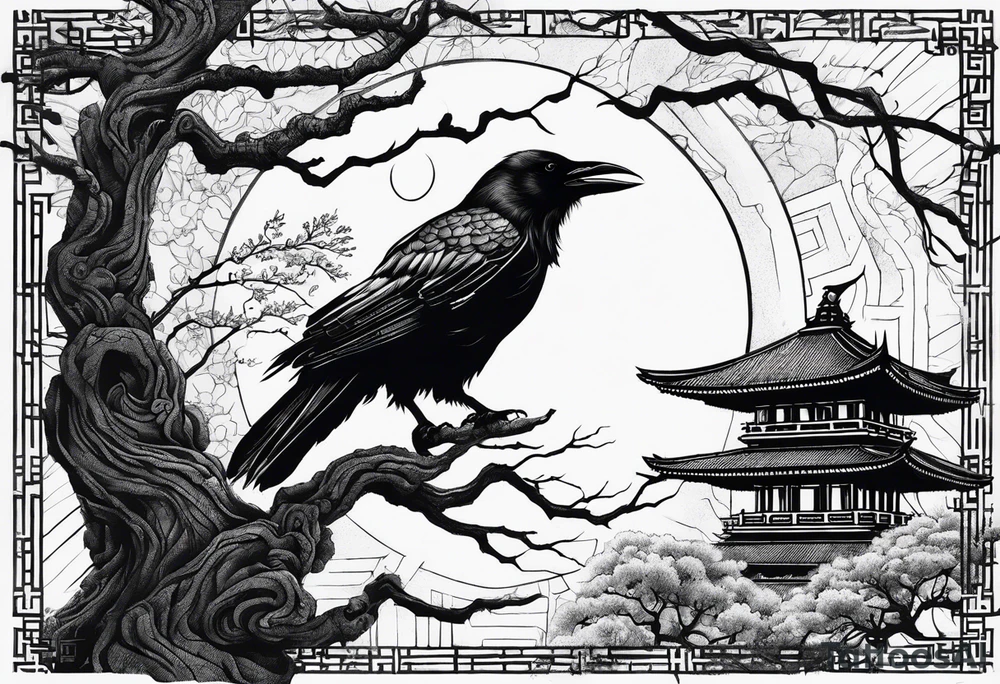Crow moon tree Roman temple ruins tattoo idea