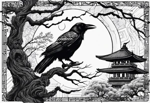 Crow moon tree Roman temple ruins tattoo idea